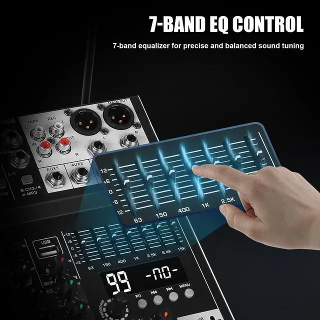 Alt view image 2 of 7 - Audio Mixer 4 Channel with Dual Microphones, Pro 99DSP Sound Music Console DJ Mixing Board with 7-band EQ, USB, Bluetooth, 48V Phantom Power & PAD Function for Recording PA Live Live Streaming