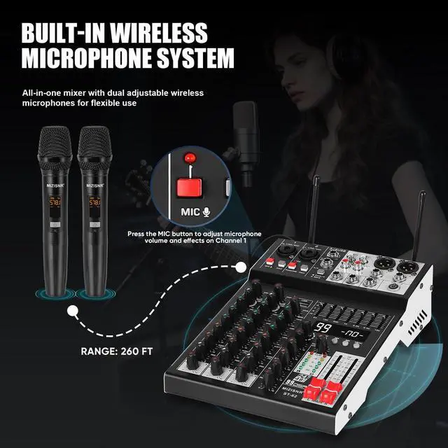 Alt view image 4 of 7 - Audio Mixer 4 Channel with Dual Microphones, Pro 99DSP Sound Music Console DJ Mixing Board with 7-band EQ, USB, Bluetooth, 48V Phantom Power & PAD Function for Recording PA Live Live Streaming