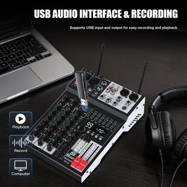 Alt view image 7 of 7 - Audio Mixer 4 Channel with Dual Microphones, Pro 99DSP Sound Music Console DJ Mixing Board with 7-band EQ, USB, Bluetooth, 48V Phantom Power & PAD Function for Recording PA Live Live Streaming