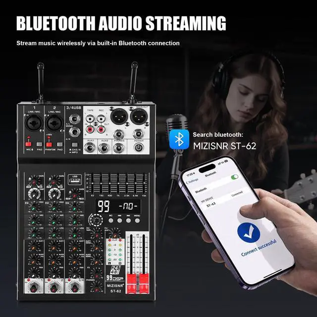 Alt view image 6 of 7 - Audio Mixer 4 Channel with Dual Microphones, Pro 99DSP Sound Music Console DJ Mixing Board with 7-band EQ, USB, Bluetooth, 48V Phantom Power & PAD Function for Recording PA Live Live Streaming