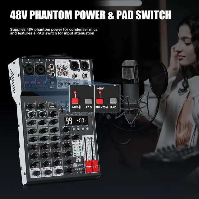 Alt view image 5 of 7 - Audio Mixer 4 Channel with Dual Microphones, Pro 99DSP Sound Music Console DJ Mixing Board with 7-band EQ, USB, Bluetooth, 48V Phantom Power & PAD Function for Recording PA Live Live Streaming