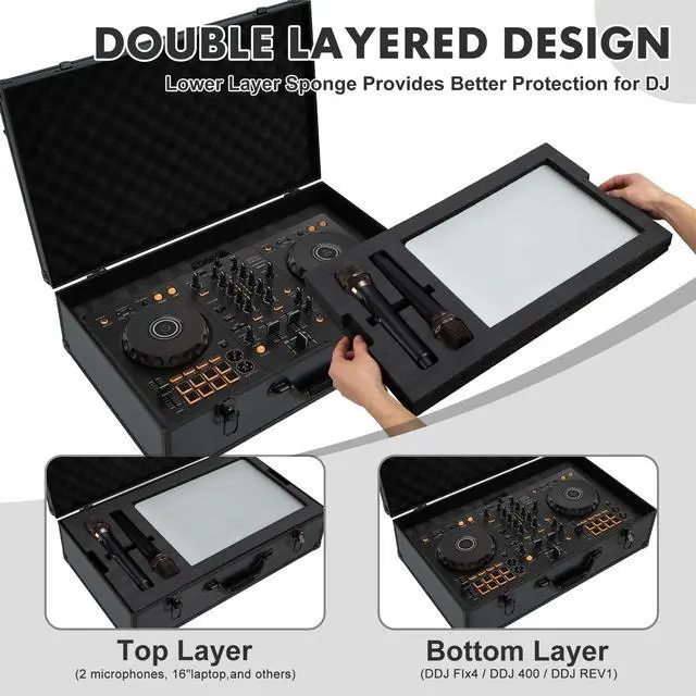 Alt view image 2 of 7 - DJ Controller Hard Case for DDJ-FLX4 / DDJ-400 / DDJ-REV1 / DDJ-SB3 / DDJ-SB2 | Dual Layer High-Density Protective Foam | Mixer Storage Travel Box with Handle for Laptop Microphone Headphones Cables