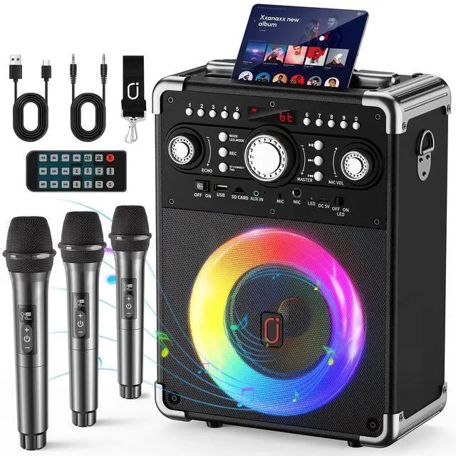 Main image of Karaoke Machine, Portable Bluetooth 5.3 Speaker with 3 Wireless Microphones for Adults, PA System with Echo Adjustment, Support TWS/TF Card/USB/AUX/TVs Connected for Home Party/Outdoor/Events etc