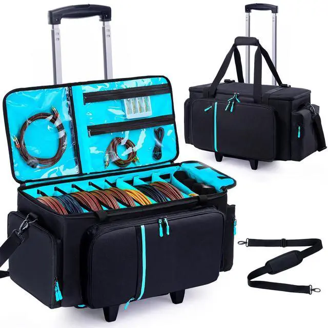 Main image of Rolling DJ Cable Bag with Wheels-Large DJ Equipment Bag with 5 Cable Slots & 3 Removable Dividers, DJ Gig Bag with Laptop Compartment, Microphone Pockets, Travel DJ Gear Organizer for Mixer, Musicians