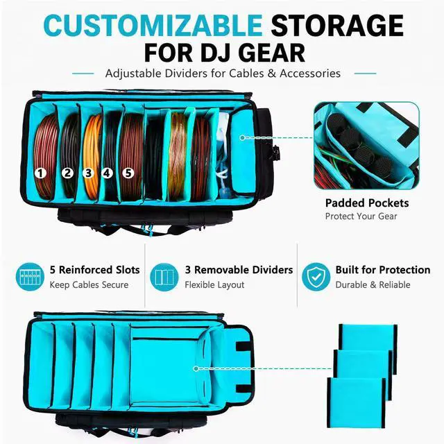 Alt view image 3 of 7 - Rolling DJ Cable Bag with Wheels-Large DJ Equipment Bag with 5 Cable Slots & 3 Removable Dividers, DJ Gig Bag with Laptop Compartment, Microphone Pockets, Travel DJ Gear Organizer for Mixer, Musicians