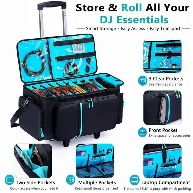 Alt view image 4 of 7 - Rolling DJ Cable Bag with Wheels-Large DJ Equipment Bag with 5 Cable Slots & 3 Removable Dividers, DJ Gig Bag with Laptop Compartment, Microphone Pockets, Travel DJ Gear Organizer for Mixer, Musicians