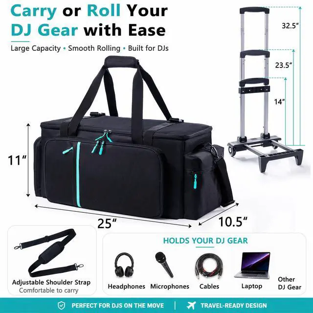 Alt view image 2 of 7 - Rolling DJ Cable Bag with Wheels-Large DJ Equipment Bag with 5 Cable Slots & 3 Removable Dividers, DJ Gig Bag with Laptop Compartment, Microphone Pockets, Travel DJ Gear Organizer for Mixer, Musicians