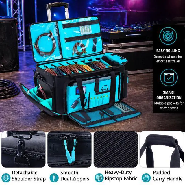 Alt view image 6 of 7 - Rolling DJ Cable Bag with Wheels-Large DJ Equipment Bag with 5 Cable Slots & 3 Removable Dividers, DJ Gig Bag with Laptop Compartment, Microphone Pockets, Travel DJ Gear Organizer for Mixer, Musicians