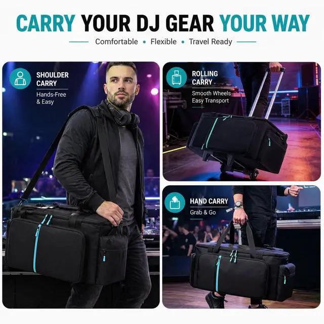 Alt view image 7 of 7 - Rolling DJ Cable Bag with Wheels-Large DJ Equipment Bag with 5 Cable Slots & 3 Removable Dividers, DJ Gig Bag with Laptop Compartment, Microphone Pockets, Travel DJ Gear Organizer for Mixer, Musicians
