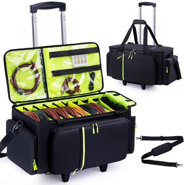 Main image of Rolling DJ Cable Bag with Wheels-Large DJ Equipment Bag with 5 Cable Slots & 3 Removable Dividers, DJ Gig Bag with Laptop Compartment, Microphone Pockets, Travel DJ Gear Organizer for Mixer, Musicians