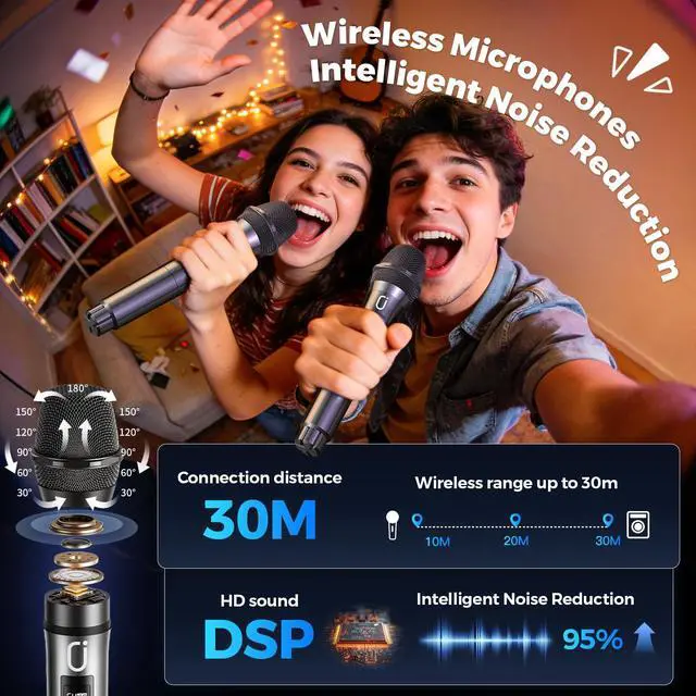 Alt view image 3 of 7 - Karaoke Machine, Portable Bluetooth 5.3 Speaker with 2 Wireless Microphones for Adults, PA System with Echo Adjustment, Support TWS/TF Card/USB/AUX/TVs Connected for Home Party/Outdoor/Events etc