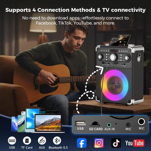 Alt view image 4 of 7 - Karaoke Machine, Portable Bluetooth 5.3 Speaker with 2 Wireless Microphones for Adults, PA System with Echo Adjustment, Support TWS/TF Card/USB/AUX/TVs Connected for Home Party/Outdoor/Events etc