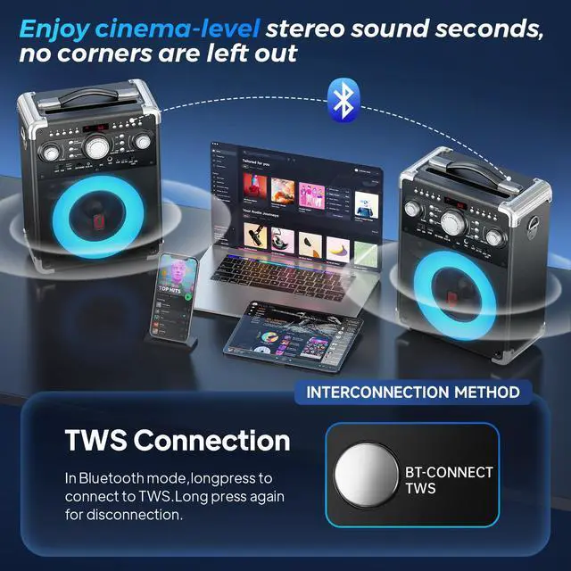 Alt view image 5 of 7 - Karaoke Machine, Portable Bluetooth 5.3 Speaker with 2 Wireless Microphones for Adults, PA System with Echo Adjustment, Support TWS/TF Card/USB/AUX/TVs Connected for Home Party/Outdoor/Events etc