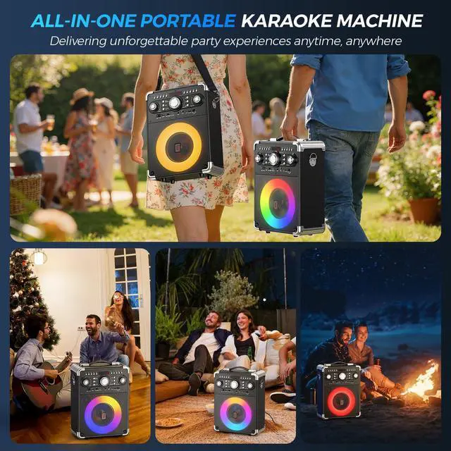 Alt view image 6 of 7 - Karaoke Machine, Portable Bluetooth 5.3 Speaker with 2 Wireless Microphones for Adults, PA System with Echo Adjustment, Support TWS/TF Card/USB/AUX/TVs Connected for Home Party/Outdoor/Events etc