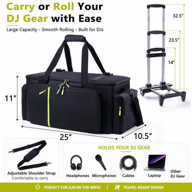 Alt view image 2 of 7 - Rolling DJ Cable Bag with Wheels-Large DJ Equipment Bag with 5 Cable Slots & 3 Removable Dividers, DJ Gig Bag with Laptop Compartment, Microphone Pockets, Travel DJ Gear Organizer for Mixer, Musicians
