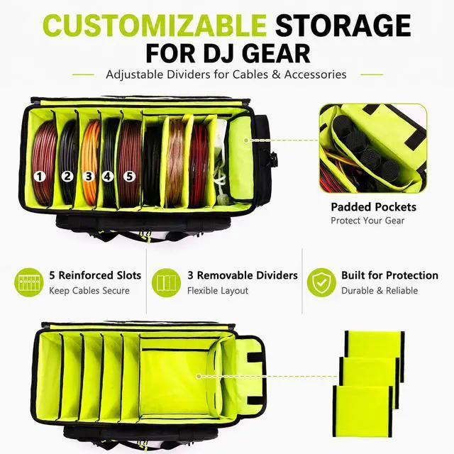 Alt view image 3 of 7 - Rolling DJ Cable Bag with Wheels-Large DJ Equipment Bag with 5 Cable Slots & 3 Removable Dividers, DJ Gig Bag with Laptop Compartment, Microphone Pockets, Travel DJ Gear Organizer for Mixer, Musicians