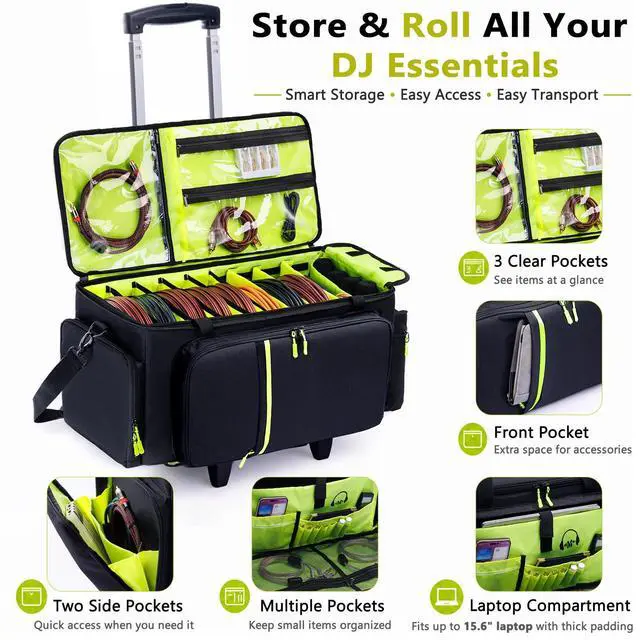 Alt view image 4 of 7 - Rolling DJ Cable Bag with Wheels-Large DJ Equipment Bag with 5 Cable Slots & 3 Removable Dividers, DJ Gig Bag with Laptop Compartment, Microphone Pockets, Travel DJ Gear Organizer for Mixer, Musicians