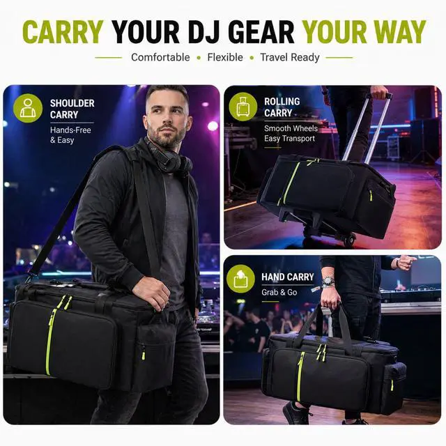 Alt view image 6 of 7 - Rolling DJ Cable Bag with Wheels-Large DJ Equipment Bag with 5 Cable Slots & 3 Removable Dividers, DJ Gig Bag with Laptop Compartment, Microphone Pockets, Travel DJ Gear Organizer for Mixer, Musicians