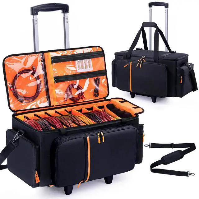 Main image of Rolling DJ Cable Bag with Wheels-Large DJ Equipment Bag with 5 Cable Slots & 3 Removable Dividers, DJ Gig Bag with Laptop Compartment, Microphone Pockets, Travel DJ Gear Organizer for Mixer, Musicians