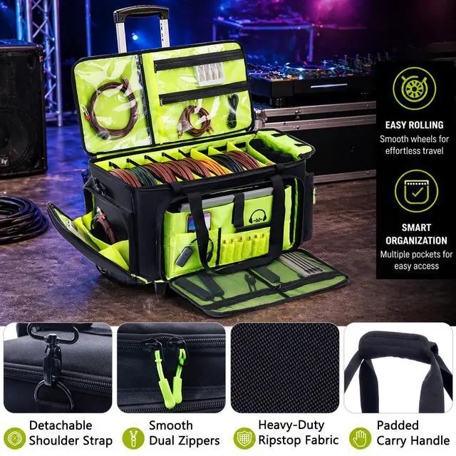 Alt view image 7 of 7 - Rolling DJ Cable Bag with Wheels-Large DJ Equipment Bag with 5 Cable Slots & 3 Removable Dividers, DJ Gig Bag with Laptop Compartment, Microphone Pockets, Travel DJ Gear Organizer for Mixer, Musicians