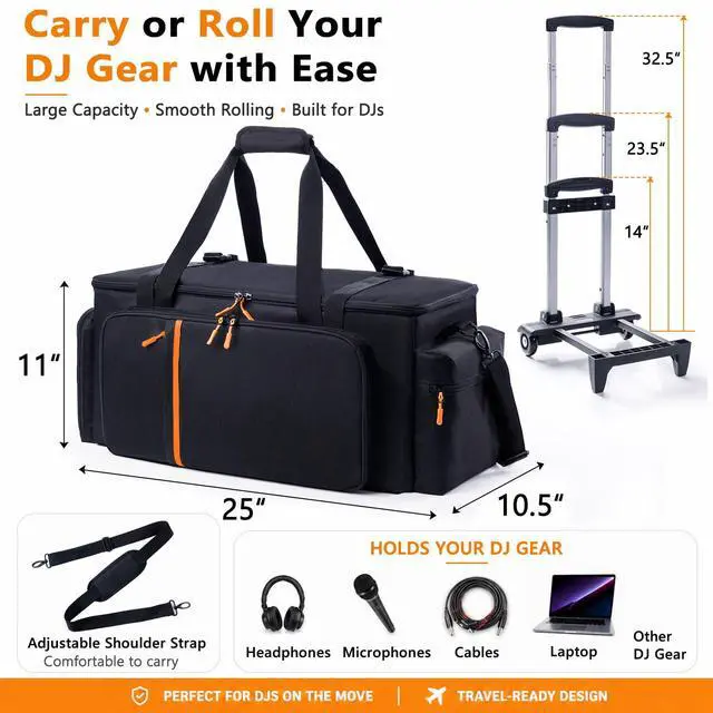 Alt view image 2 of 7 - Rolling DJ Cable Bag with Wheels-Large DJ Equipment Bag with 5 Cable Slots & 3 Removable Dividers, DJ Gig Bag with Laptop Compartment, Microphone Pockets, Travel DJ Gear Organizer for Mixer, Musicians