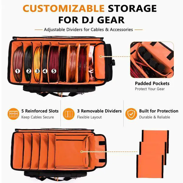 Alt view image 3 of 7 - Rolling DJ Cable Bag with Wheels-Large DJ Equipment Bag with 5 Cable Slots & 3 Removable Dividers, DJ Gig Bag with Laptop Compartment, Microphone Pockets, Travel DJ Gear Organizer for Mixer, Musicians