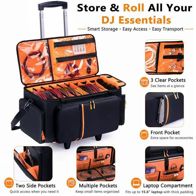Alt view image 4 of 7 - Rolling DJ Cable Bag with Wheels-Large DJ Equipment Bag with 5 Cable Slots & 3 Removable Dividers, DJ Gig Bag with Laptop Compartment, Microphone Pockets, Travel DJ Gear Organizer for Mixer, Musicians