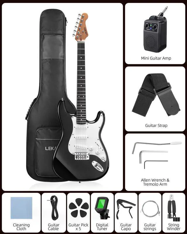 Alt view image 2 of 7 - Beginner Electric Guitar Kit 39 Inch Full Size Solid Body Guitar SSS for Starter Roasted Maple Neck Stainless Steel Frets, 5w Plug-in Amp, Bag, Tuner, Capo, Strap, Picks, String, Cable - Black