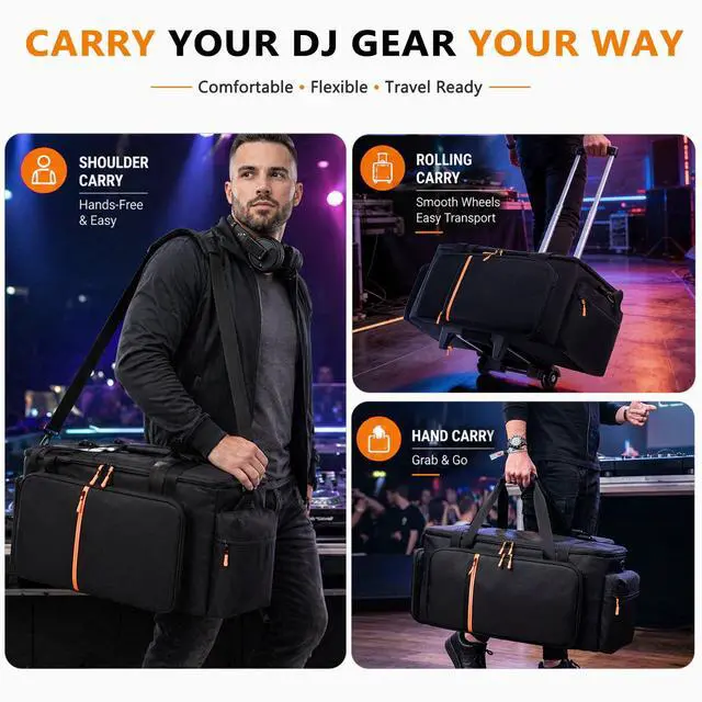 Alt view image 7 of 7 - Rolling DJ Cable Bag with Wheels-Large DJ Equipment Bag with 5 Cable Slots & 3 Removable Dividers, DJ Gig Bag with Laptop Compartment, Microphone Pockets, Travel DJ Gear Organizer for Mixer, Musicians