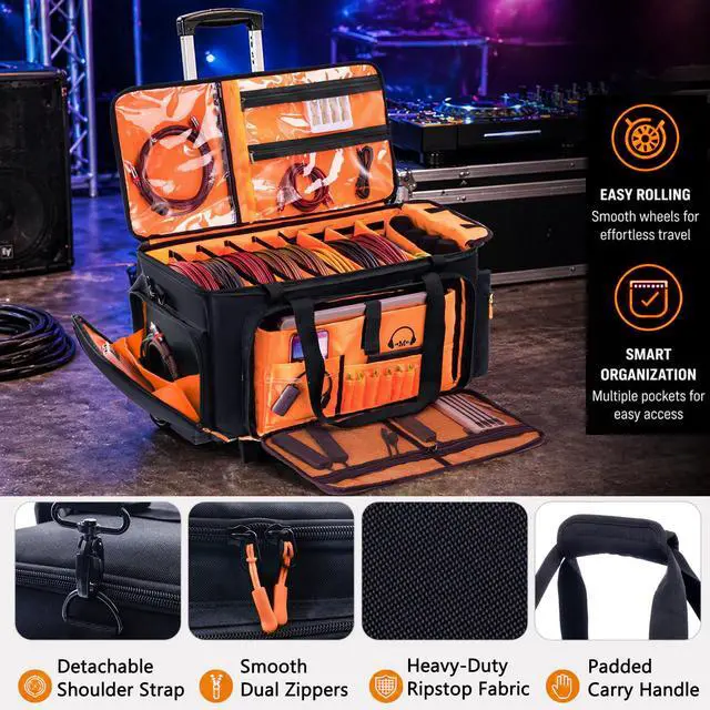 Alt view image 6 of 7 - Rolling DJ Cable Bag with Wheels-Large DJ Equipment Bag with 5 Cable Slots & 3 Removable Dividers, DJ Gig Bag with Laptop Compartment, Microphone Pockets, Travel DJ Gear Organizer for Mixer, Musicians