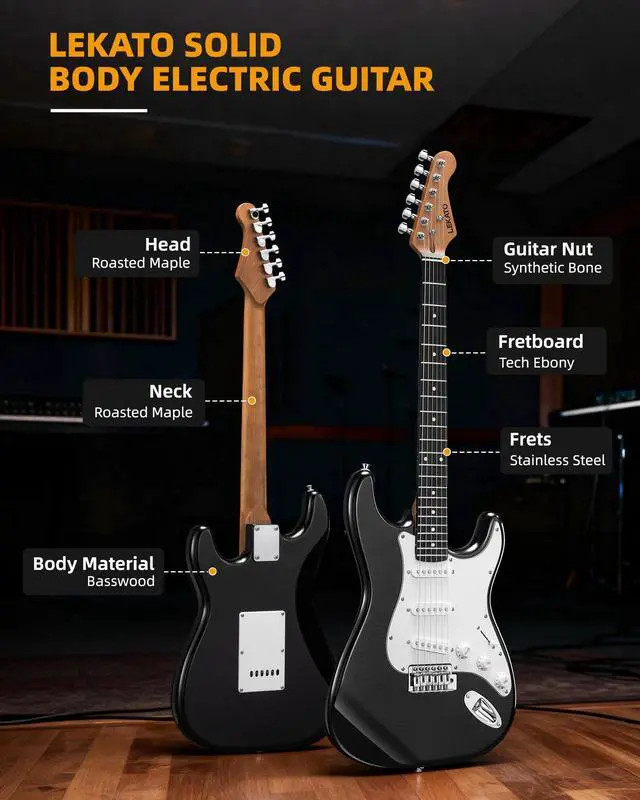 Alt view image 3 of 7 - Beginner Electric Guitar Kit 39 Inch Full Size Solid Body Guitar SSS for Starter Roasted Maple Neck Stainless Steel Frets, 5w Plug-in Amp, Bag, Tuner, Capo, Strap, Picks, String, Cable - Black