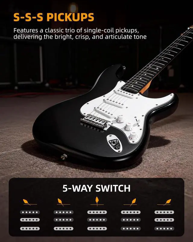 Alt view image 4 of 7 - Beginner Electric Guitar Kit 39 Inch Full Size Solid Body Guitar SSS for Starter Roasted Maple Neck Stainless Steel Frets, 5w Plug-in Amp, Bag, Tuner, Capo, Strap, Picks, String, Cable - Black