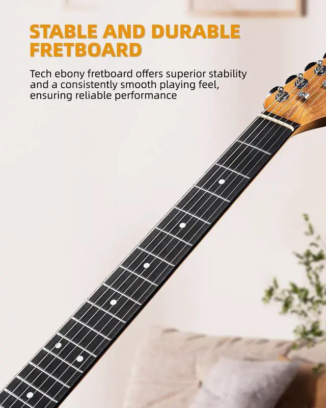 Alt view image 5 of 7 - Beginner Electric Guitar Kit 39 Inch Full Size Solid Body Guitar SSS for Starter Roasted Maple Neck Stainless Steel Frets, 5w Plug-in Amp, Bag, Tuner, Capo, Strap, Picks, String, Cable - Black