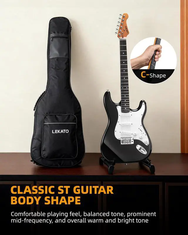 Alt view image 6 of 7 - Beginner Electric Guitar Kit 39 Inch Full Size Solid Body Guitar SSS for Starter Roasted Maple Neck Stainless Steel Frets, 5w Plug-in Amp, Bag, Tuner, Capo, Strap, Picks, String, Cable - Black