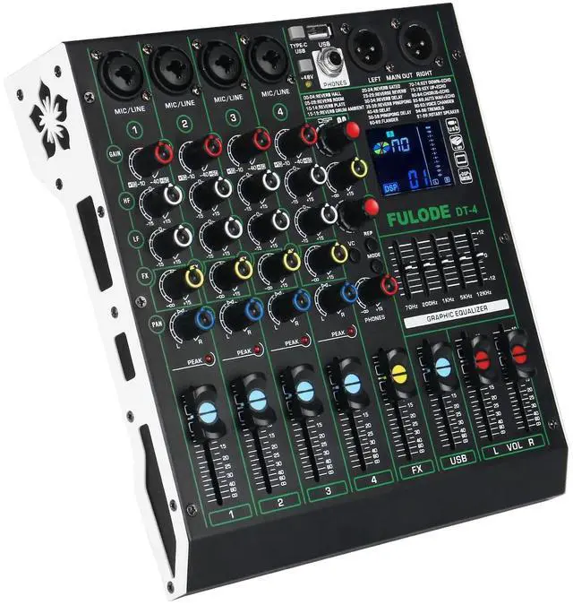 Main image of DT-4 Professional 4 Channe Audio MixerDJ Controller Sound Board Mixing with 99 DSP Effects,5-Band EQ/4 XLR interfaces and USB for Live Streaming & Recording48V Phantom Power & Vocal Removal