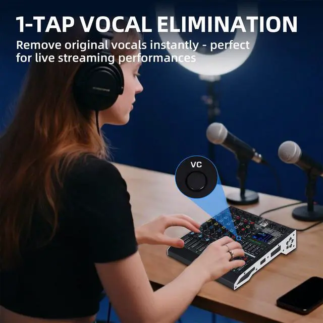 Alt view image 5 of 7 - DT-4 Professional 4 Channe Audio MixerDJ Controller Sound Board Mixing with 99 DSP Effects,5-Band EQ/4 XLR interfaces and USB for Live Streaming & Recording48V Phantom Power & Vocal Removal