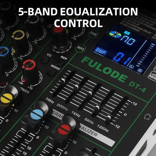 Alt view image 6 of 7 - DT-4 Professional 4 Channe Audio MixerDJ Controller Sound Board Mixing with 99 DSP Effects,5-Band EQ/4 XLR interfaces and USB for Live Streaming & Recording48V Phantom Power & Vocal Removal