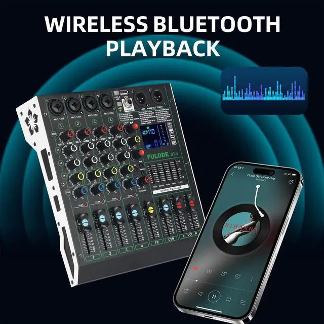 Alt view image 7 of 7 - DT-4 Professional 4 Channe Audio MixerDJ Controller Sound Board Mixing with 99 DSP Effects,5-Band EQ/4 XLR interfaces and USB for Live Streaming & Recording48V Phantom Power & Vocal Removal