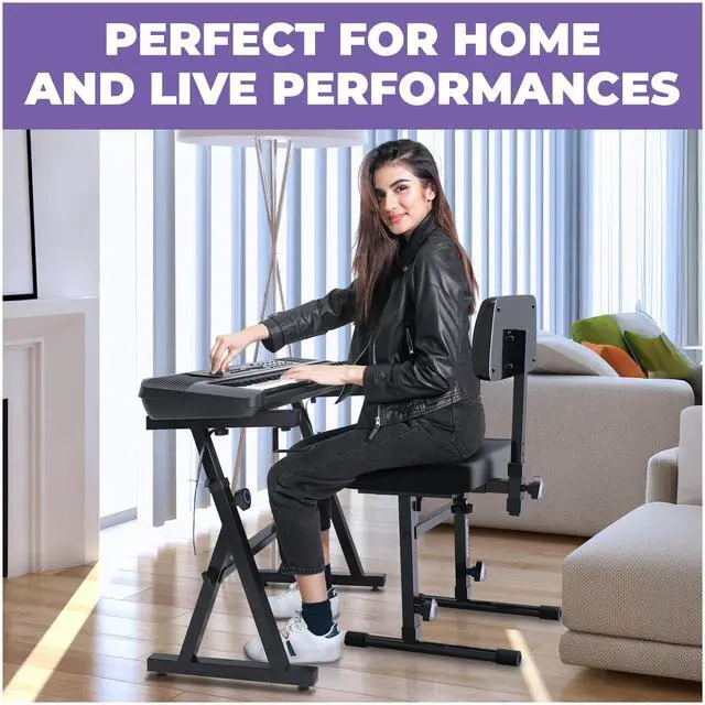 Alt view image 6 of 6 - Piano Keyboard Stand and Bench Adjustable Stool Set - Portable Heavy Duty Digital Piano Stand for 54-88 Key Electric Pianos & Piano Chair, Stool - Sturdy Keyboard Music Stand and Seat