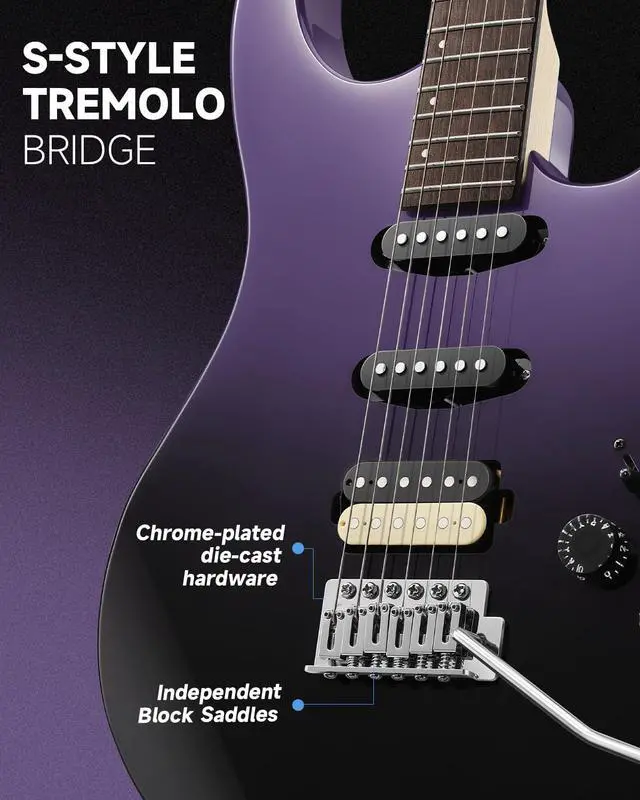 Alt view image 2 of 7 - DMT-66 Solid Body Electric Guitar Kit for Beginners, Full Size 39" Electric Guitar with HSS Pickups, Poplar Body, Maple Neck, Starter Guitar with Gig Bag & Adjustment Wrench, Purplish Black