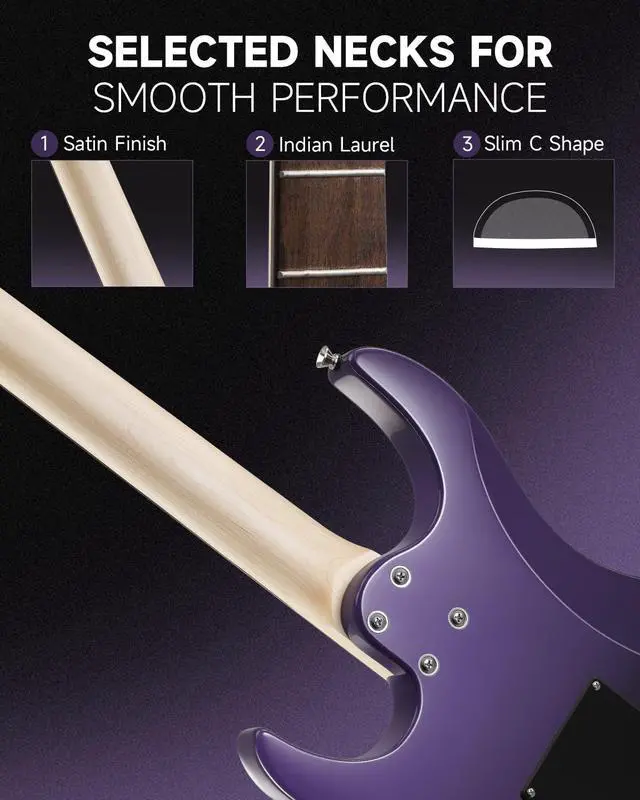 Alt view image 3 of 7 - DMT-66 Solid Body Electric Guitar Kit for Beginners, Full Size 39" Electric Guitar with HSS Pickups, Poplar Body, Maple Neck, Starter Guitar with Gig Bag & Adjustment Wrench, Purplish Black