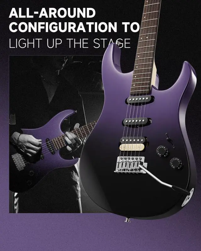 Alt view image 4 of 7 - DMT-66 Solid Body Electric Guitar Kit for Beginners, Full Size 39" Electric Guitar with HSS Pickups, Poplar Body, Maple Neck, Starter Guitar with Gig Bag & Adjustment Wrench, Purplish Black