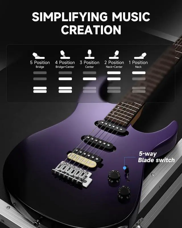 Alt view image 6 of 7 - DMT-66 Solid Body Electric Guitar Kit for Beginners, Full Size 39" Electric Guitar with HSS Pickups, Poplar Body, Maple Neck, Starter Guitar with Gig Bag & Adjustment Wrench, Purplish Black