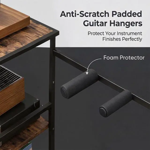Alt view image 3 of 7 - Multi-Guitar Stand & Record Player Stand with Storage Shelf, 3-in-1 Adjustable Black Guitar Rack for Acoustic/Electric Guitars & Bass, Vinyl Record Storage with Display Shelf, for Home Music Studio