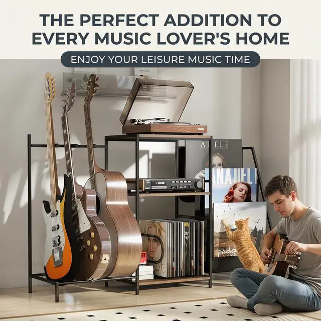 Alt view image 2 of 7 - Multi-Guitar Stand & Record Player Stand with Storage Shelf, 3-in-1 Adjustable Black Guitar Rack for Acoustic/Electric Guitars & Bass, Vinyl Record Storage with Display Shelf, for Home Music Studio