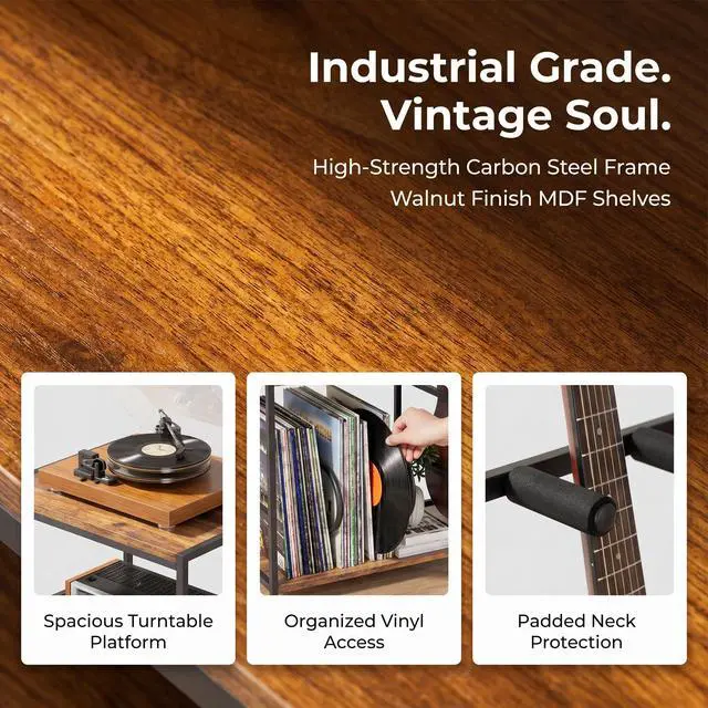 Alt view image 4 of 7 - Multi-Guitar Stand & Record Player Stand with Storage Shelf, 3-in-1 Adjustable Black Guitar Rack for Acoustic/Electric Guitars & Bass, Vinyl Record Storage with Display Shelf, for Home Music Studio