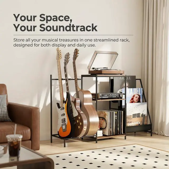 Alt view image 5 of 7 - Multi-Guitar Stand & Record Player Stand with Storage Shelf, 3-in-1 Adjustable Black Guitar Rack for Acoustic/Electric Guitars & Bass, Vinyl Record Storage with Display Shelf, for Home Music Studio