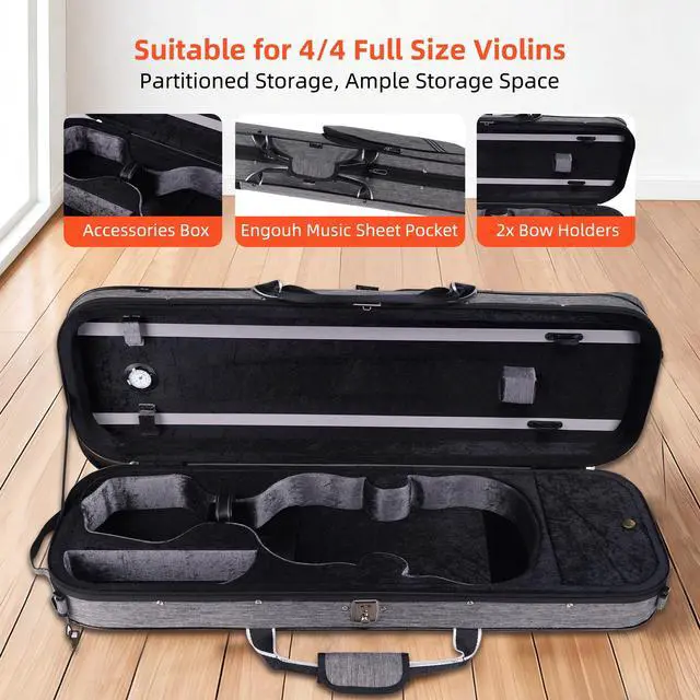 Alt view image 4 of 7 - Violin Case 4/4 Full Size Sturdy Oblong Violin Hard Case with Built-in Hygrometer, Super Lightweight Portable Hard-Shell with Carrying Straps Travel Carrying Bag for Beginners, Grey