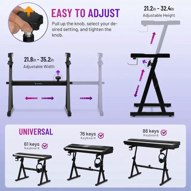 Alt view image 2 of 7 - Keyboard Stand Heavy Duty Piano Stand Adjustable Z Style Black | Stable portable design with height & width adjustment. Fits 54, 61, 76, 88 key electric pianos for home and studio. CY0366-1