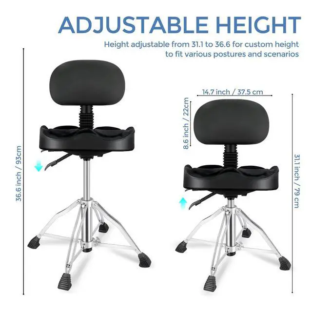 Alt view image 2 of 7 - Drum Throne Hydraulic Drum Thrones with Backrest Height Adjustable Airlift Drummer Stool 4 Leg Heavy Duty Drums Seat with Thick Padded Drums Stool for Drummers,Guitar Players (Black)